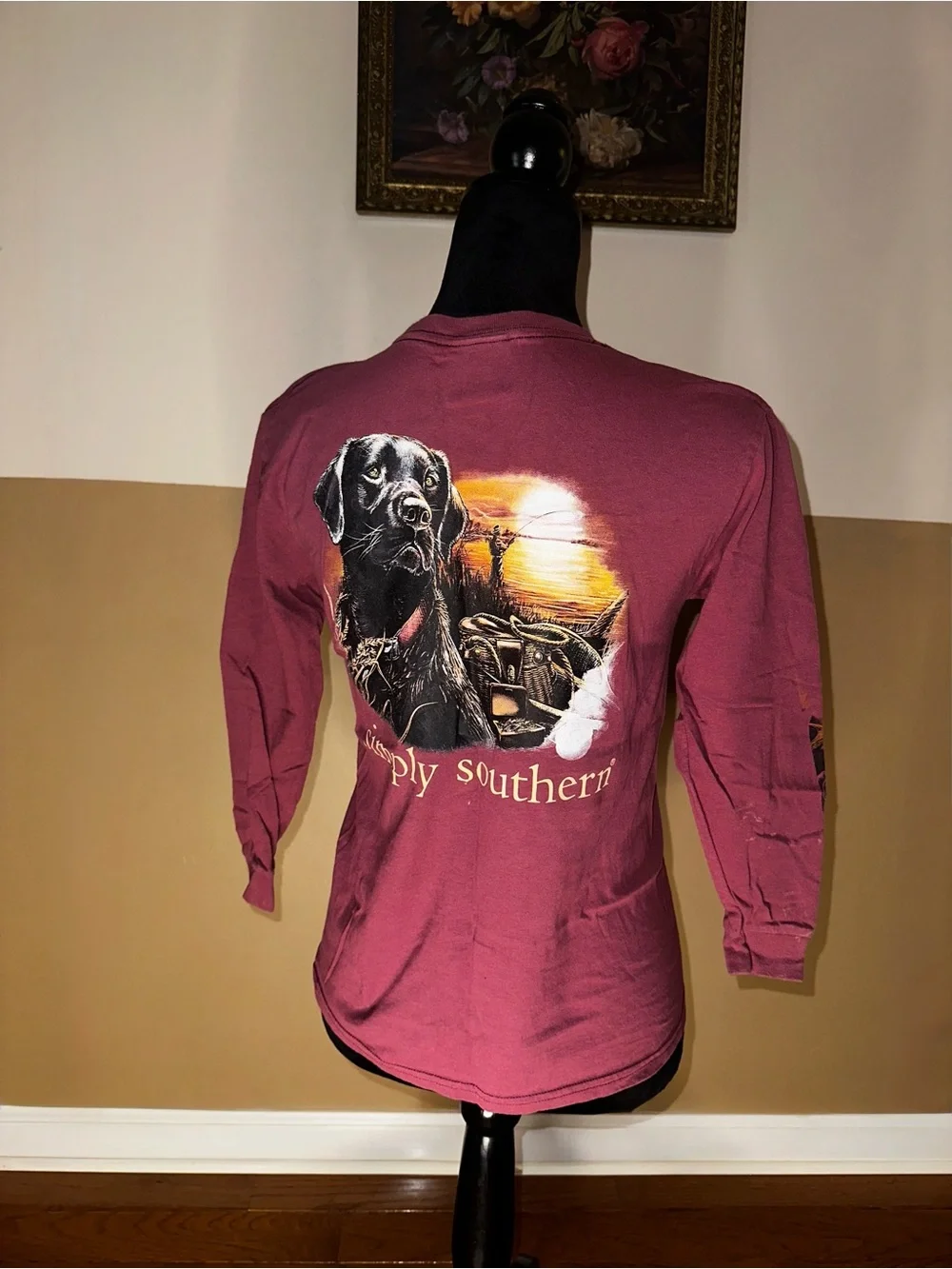 Simply Southern Maroon Long Sleeve Tee with Black Labrador Sunset Graphic